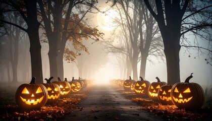 3D Illustration of glowing pumpkin jack-o'-lanterns on full moon Halloween foggy night.
