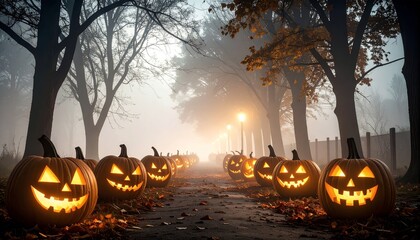 3D Illustration of glowing pumpkin jack-o'-lanterns on full moon Halloween foggy night.