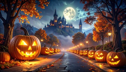 3D Illustration of bats flying in sky and glowing pumpkin jack-o'-lanterns on full moon Halloween night.
