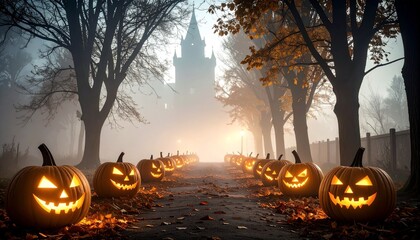 3D Illustration of glowing pumpkin jack-o'-lanterns on full moon Halloween foggy night.