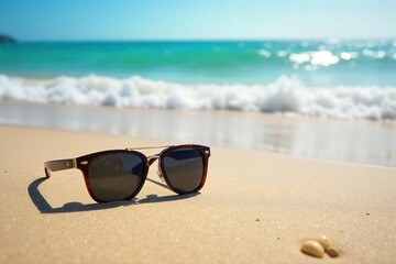 Relaxing beach scene with stylish sunglasses left on the sand, ocean waves gently lapping the shore, sunny day, summer vacation vibes , sunblock, waves, heat