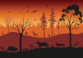 Forest fire. Burning spruces and oak trees, wood plants in flame. Forest fires in Amazon and Australia with silhouettes of wild animals