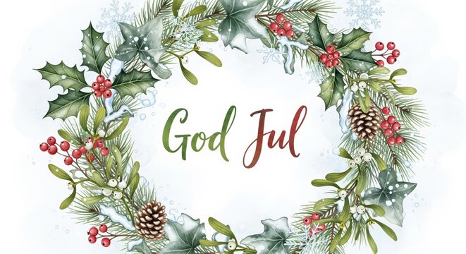 A beautiful watercolor painting of a winter floral wreath with "God Jul" (Swedish for "Merry Christmas") hand-painted in elegant script in the center, perfect for the Christmas season.