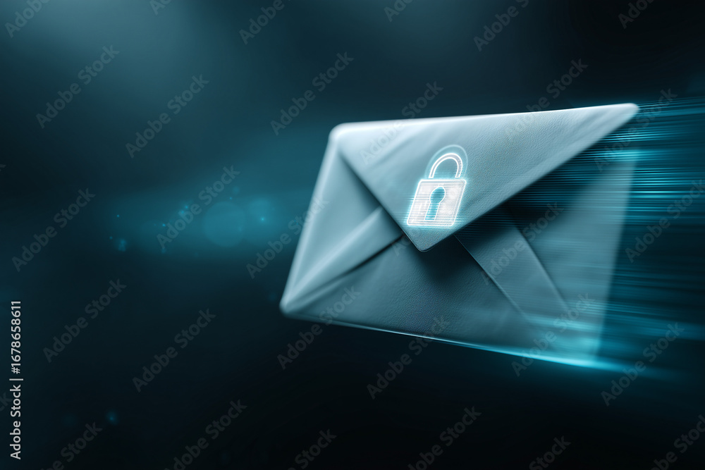 Poster secure email represented by a glowing envelope with a padlock icon, symbolizing digital security and