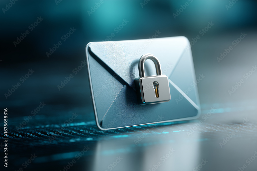 Poster a digital illustration of a secure email with a padlock symbol. the email is rendered in a 3d style