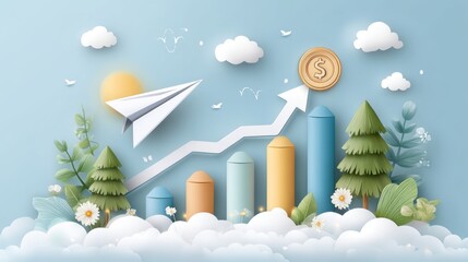 Upward Financial Trend: Paper Airplane with Growth Chart Landscape