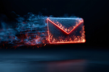 A dynamic, burning email symbol, conveying digital messages in the digital world. The email glows intensely with flames and smoke