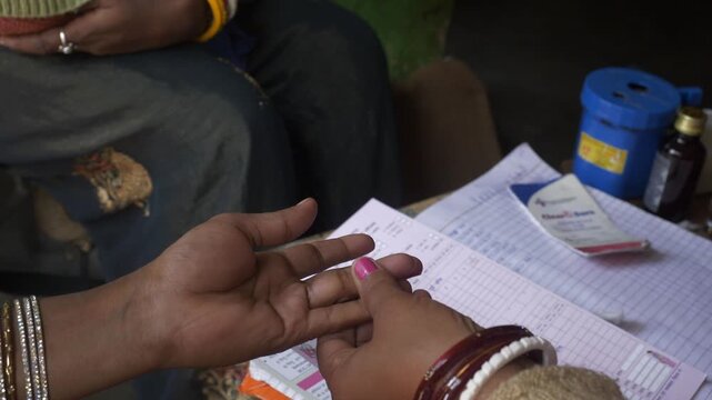 Haemoglobin checkup of a pregnant woman at rural healthcare center, Maternal and child health services by Ministry of Women and Child Development, Begusarai district, Bihar