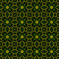 seamless floral pattern
A seamless pixel-art pattern featuring interlocking diamond shapes, four-pointed stars, and dotted circular motifs in vibrant yellow and green against a dark black background. 