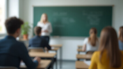 A blurry image from the back of an elementary school classroom shows students facing forward, while a teacher stands near a whiteboard teaching.