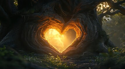 Heart-shaped Tree Opening with Glowing Light in Forest Landscape