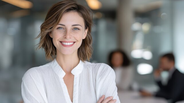 Portrait of a smiling businesswoman posing with folded arms in a modern office, exuding confidence and professionalism with colleagues working in the background