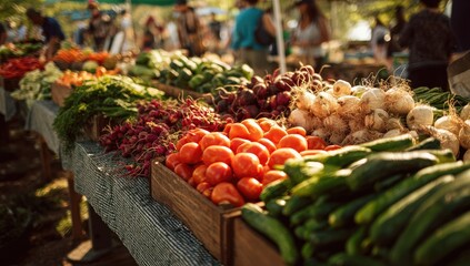 Fresh produce overflowing from wooden crates at a bustling farmer's market