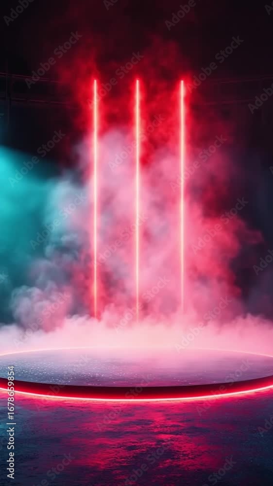 Poster vibrant scene with three glowing neon lights in red and blue, surrounded by colorful mist, creating 