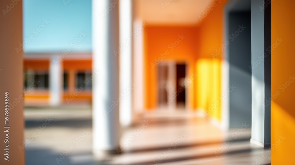 Poster architectural blur capturing modern orange structure with white columns, highlighting geometric shap