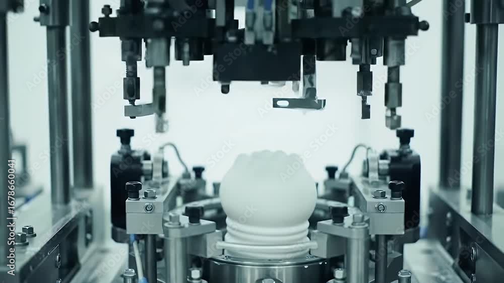 Poster detailed close up of automated toy manufacturing injection molding process with robotic machinery on