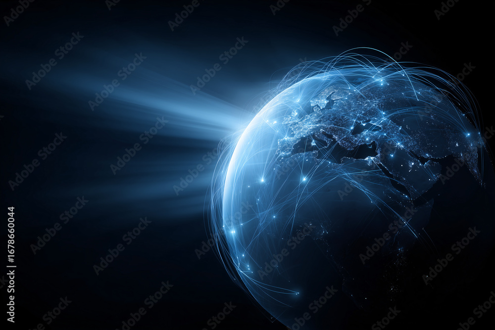 Poster a stunning visual of the earth with glowing light, showcasing global interconnectedness. the image h