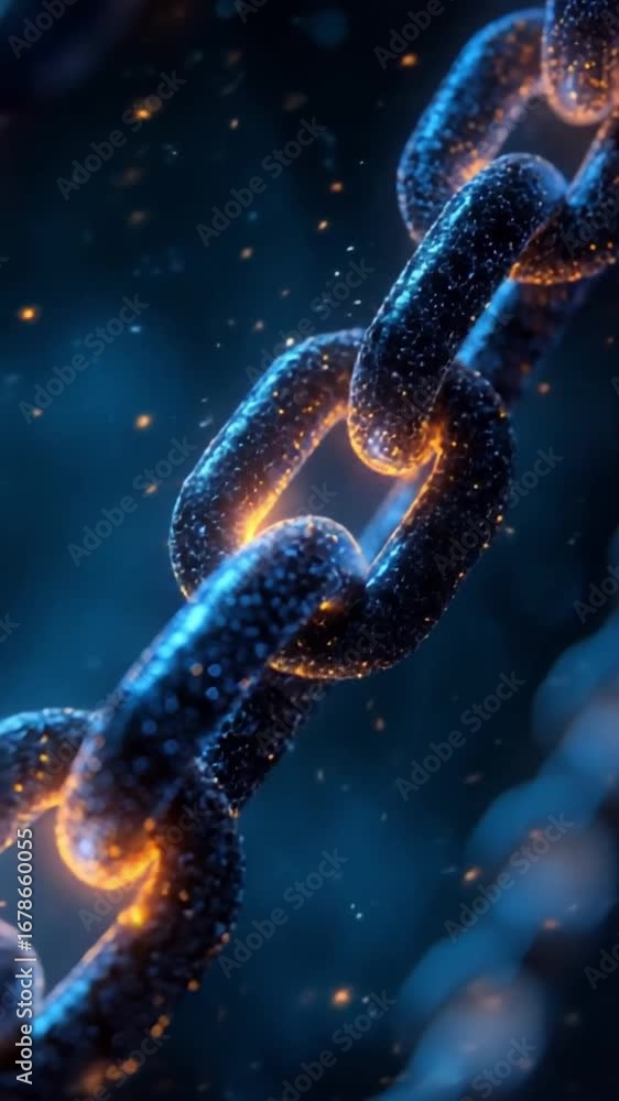 Poster close up of metallic chain link illuminated by glowing particles, showcasing intricate details and t