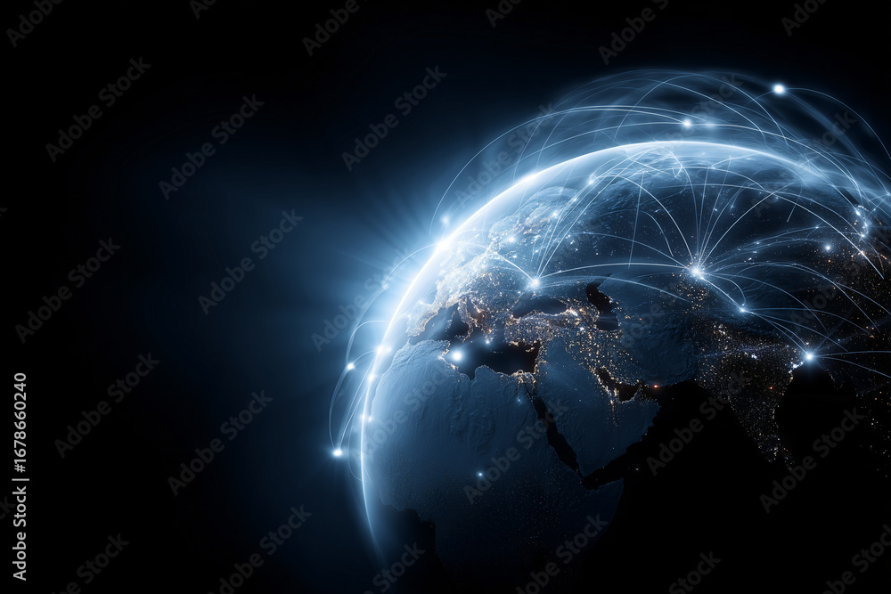 Poster global network connections illuminating a globe, symbolizing interconnectedness and communication