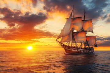 Majestic sailing ship with tall white sails gliding across ocean at sunset creating dramatic seascape full of adventure freedom and romance