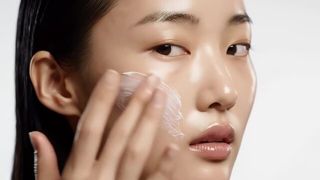 Close Up of Young Asian Woman Applying White Cream on Face with White Background for Skincare and Beauty Product Promotions and Advertising Campaign Ads for National Beauty Day