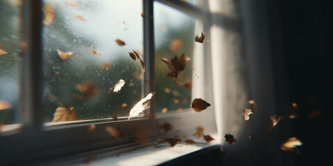 Autumn leaves swirling gently near a window with natural light shining through, creating a tranquil scene. Leaves dance and float, creating a serene autumn atmosphere