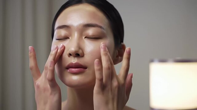 Close Up of Young Asian Woman Massaging Face with Gentle Touch in Soft Lighting for Skincare and Beauty Promotion, Illustrating Self Care Routine and Tranquility Perfect for Advertisement