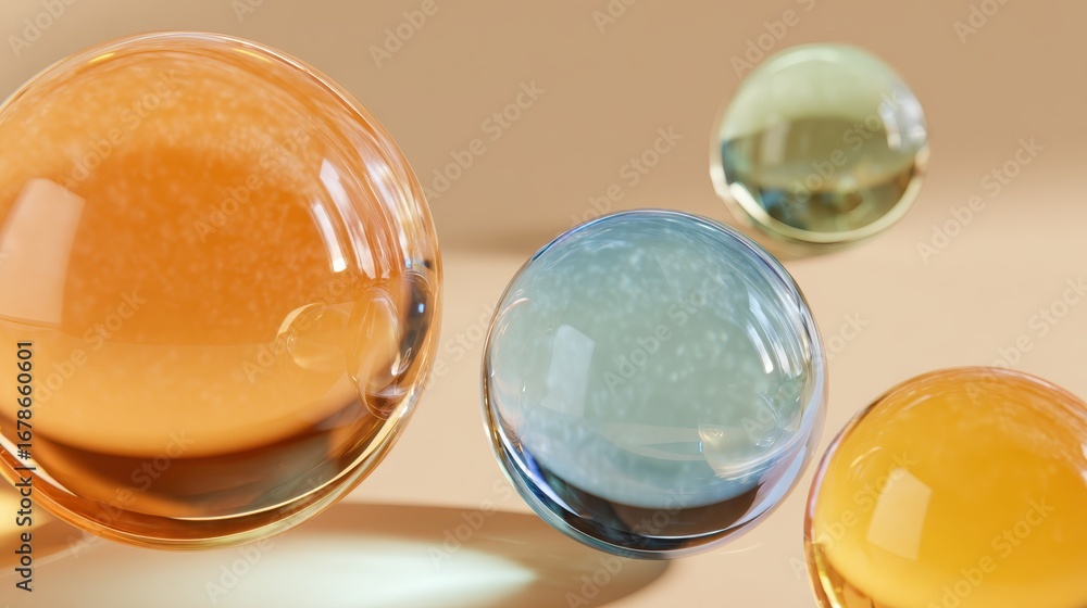 Poster vibrant glass orbs suspended against soft background, refracting light and displaying varying dimens