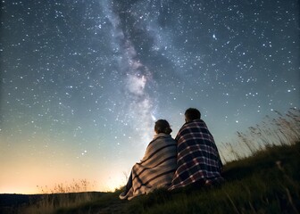 A breathtaking horizontal shot of a couple sitting on a grassy hill, completely absorbed in a spectacular meteor shower and the glowing band of the Milky Way.
