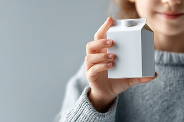 A child's hand gently holding a small, blank milk carton. The scene highlights the simplicity and potential for branding or messaging