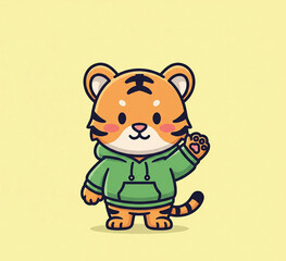 Obraz premium Cute cartoon baby tiger wearing a green hoodie and waving hand. Adorable animal mascot illustration with friendly expression on light background, perfect for branding, kids content, or stickers. 