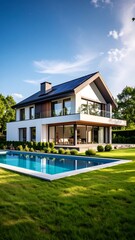 Modern house with pool in a lush garden