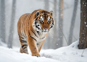 Obraz premium Majestic tiger prowls through a snowy forest landscape with snowflakes gently falling around its powerful frame