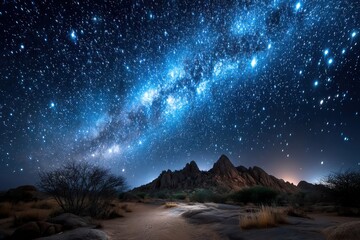 Fototapeta premium Starry night sky over a desert landscape with rocky mountains and sparse vegetation