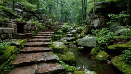 Mossy Steps in a Lush Forest