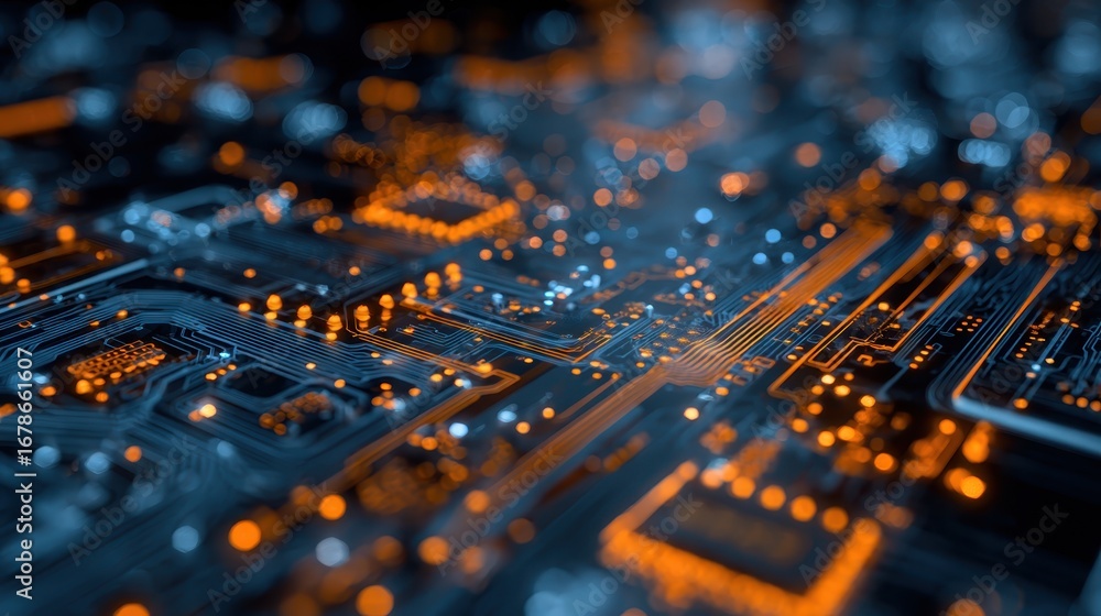 Aufkleber digital circuitry glowing with orange data streams, highlighting intricate electronic pathways and i
