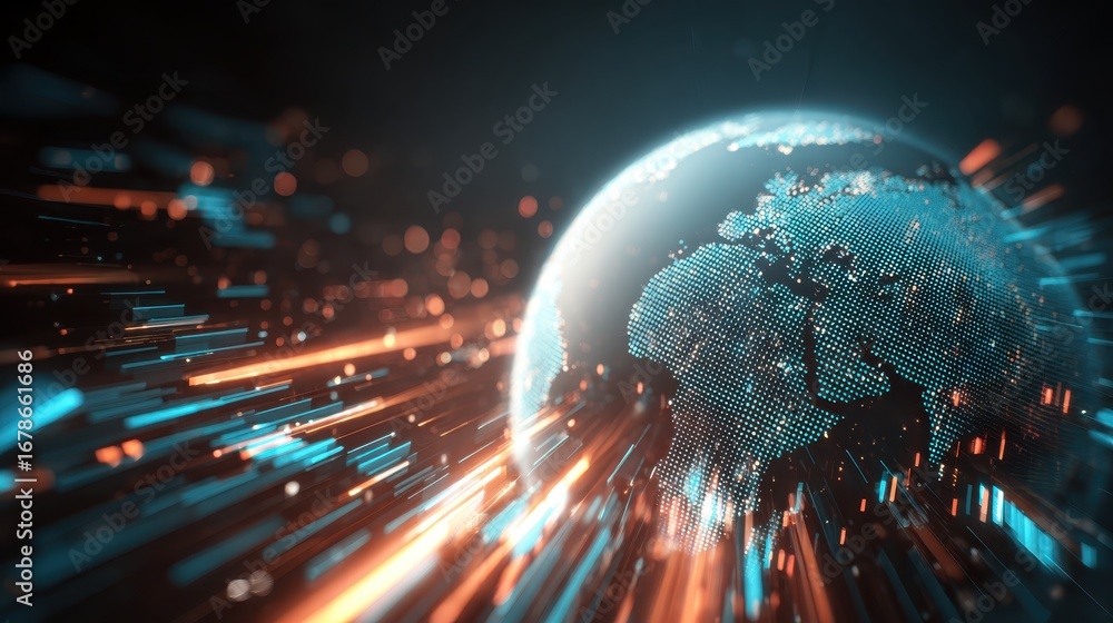 Aufkleber digital earth is rotating with fast data flowing around it, creating a futuristic and technological 