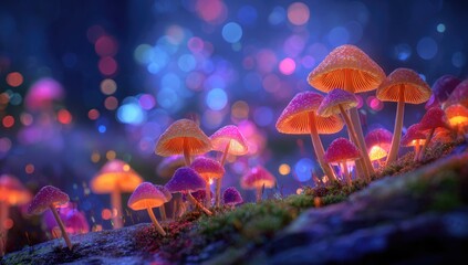 Fototapeta premium Magic mushrooms glow in vibrant colors in a mystical forest