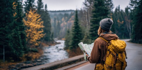 Person with a map, standing in autumnal forest, looking at a river