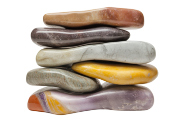 Stack of smooth polished stones balanced in a tower isolated on transparent background. Stacked smooth stones isolated on white background.