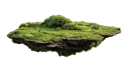 Floating verdant island hovering over transparent backdrop, featuring lush grass and moss covered landscape with dreamlike, ethereal environmental design qualities