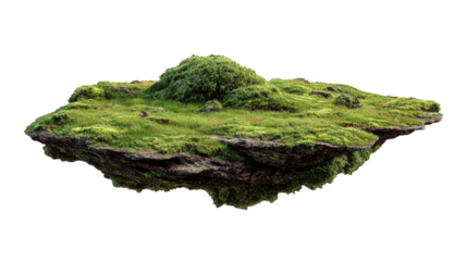 Floating verdant island hovering over transparent backdrop, featuring lush grass and moss covered landscape with dreamlike, ethereal environmental design qualities