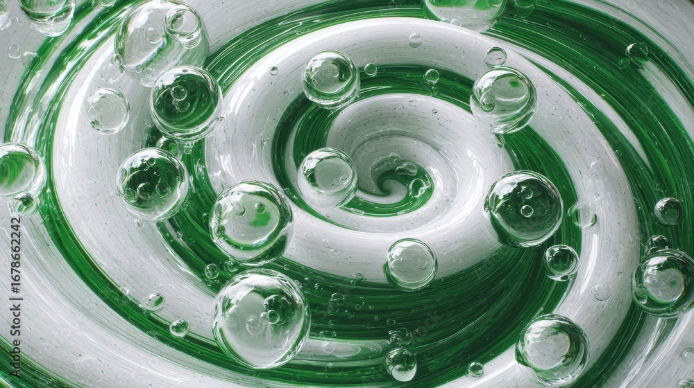 Aufkleber translucent spheres drifting over spiraling green white vortex, generating ethereal abstract pattern