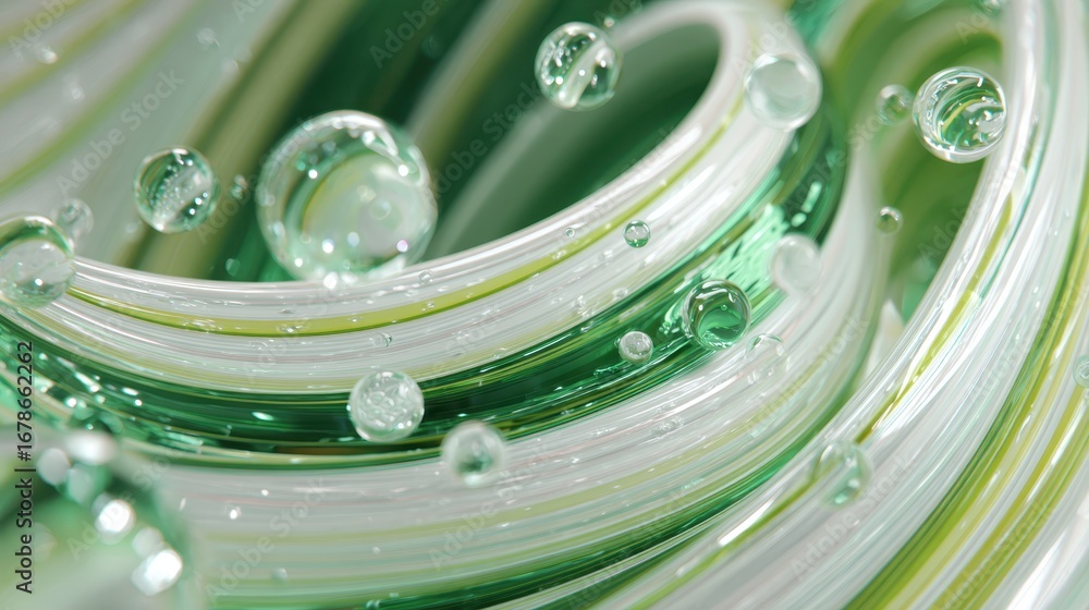Aufkleber vibrant green and white swirling lines interweaving, transparent spheres floating across dynamic abs