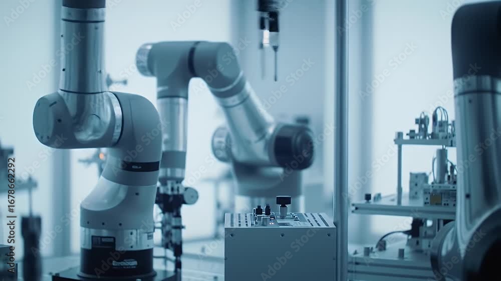 Poster detailed close up of biorobotics r&d lab featuring advanced robotic arms performing precise tasks on
