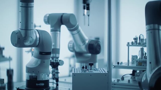 Detailed Close Up Of Biorobotics R&D Lab Featuring Advanced Robotic Arms Performing Precise Tasks on Mechanical Equipment Under Controlled Lighting Perfect for Automation Concepts