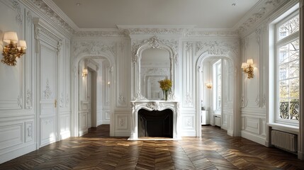 Grand, sunlit Parisian room with ornate white trim