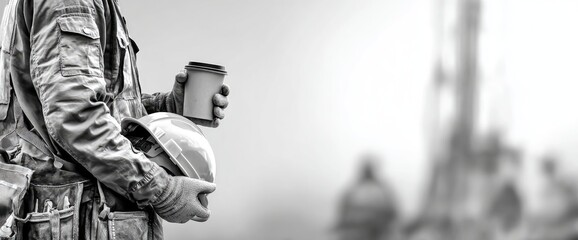 A person in workwear holds a coffee cup and hard hat