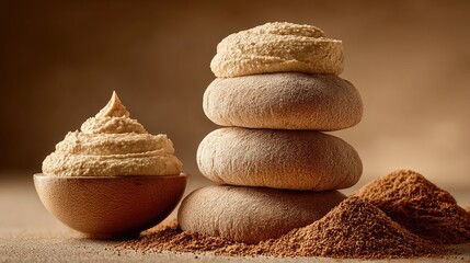 Stacked light-brown round breads, a bowl of spread, and brown powder