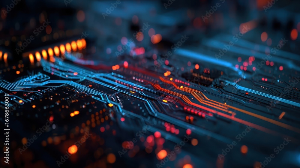 Poster complex network of circuits and electronic components transmitting data, illuminated by vibrant ligh